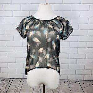 10/$25🦋 MUDD Sheer Black Feather Blouse - Small
